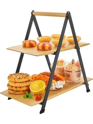 Orevio 2 Katlı Dikdörtgen Bambu Servis Sunum Seti, Büyük Boy, Kuru Pasta, Kurabiye ve Kek Sunumları Için (34 Cm-26.5 Cm-16 Cm)