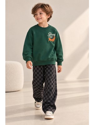 Zekalya Erkek Çocuk Unisex Yeşil Köpek Baskılı 3 Iplik Sweatshirt ve Kareli Pantolon Takım