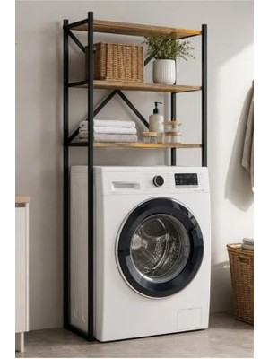 Orevio Düzenleyici; Braga Metal 3 Çamaşır Makinesi Üstü Raf Banyo Dolap, Siyah, Çam, 162 × 70 cm