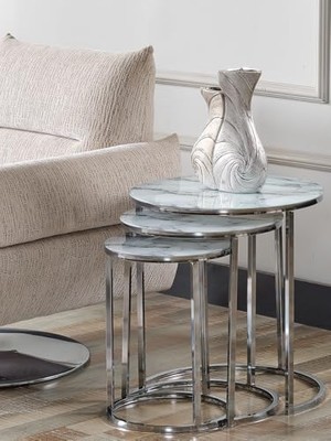 Orevio Beyaz Mermer Görünümlü, Temperli Nikel Metal 3'lü Zigon Sehpa