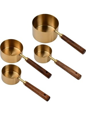 Orevio 4'lü Ahşap Saplı Ölçü Kaşığı Seti, 250/125/80/60 ml Paslanmaz Metal