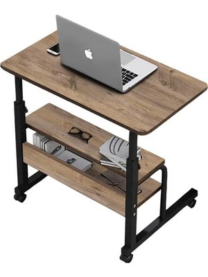 Orevio 70 x 40 cm Yükseklik Ayarlı Çift Raflı Laptop Sehpası ve Çalışma Masası, Ceviz, Tekerli