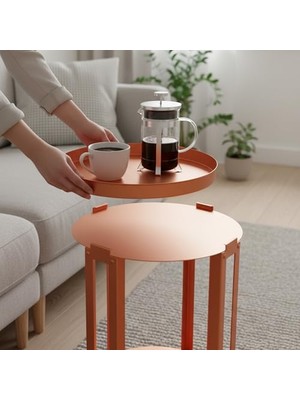Orevio Sehpa, Çıkarılabilir Tepsili Metal Yan Modern Siyah Zigon Sehpa, Yuvarlak Servis Sehpası, Koltuk Yanı Sehpa, Kahve ve Dekoratif Sehpa, 58 cm (Somon)