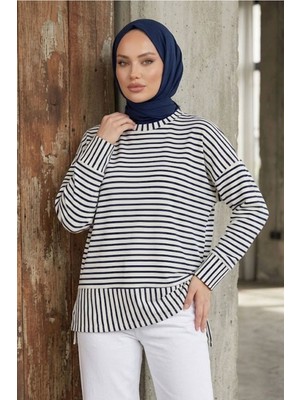 Modestim Kadın Çizgili Oysho Kumaş Rahat Kalıp Trend Tesettür Tunik Lacivert