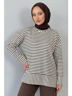 Modestim Kadın Çizgili Oysho Kumaş Rahat Kalıp Trend Tesettür Tunik Kahve