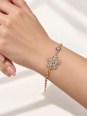 Bartuva Design Taşlı Kar Tanesi ve Nazar Boncuklu Gold Zincir Kadın Bileklik