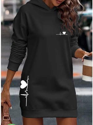 Nigrum Pardus Nıgrum Pardus Büyük Beden Kapüşonlu Kalp Atışı Baskılı 2 Iplik Şardonlu %100 Pamuk Kışlık Kadın Spor Hoodie Elbise