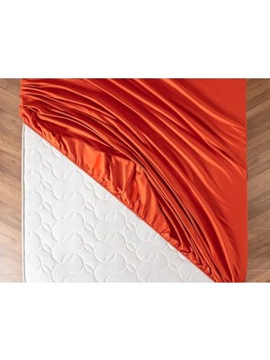 Orevio King Size Plus %100 Pamuk Lastikli Saten Çarşaf Turuncu