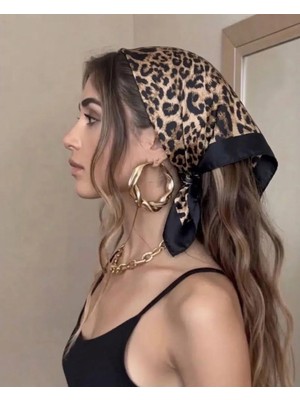 Trend Dokunuş Kadın Saten 50-50 Leopar Desenli Fular Bandana