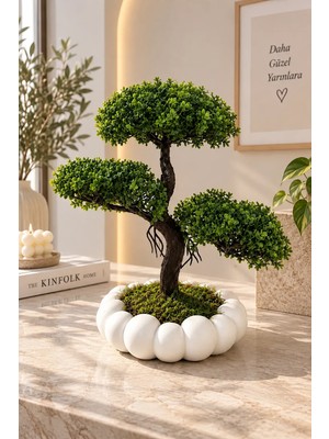Lineva Beyaz Bubble Saksıda Yapay Bonsai Ağacı Dekoratif Saksı Çiçeği Ev Ofis Masa Üstü Bitki