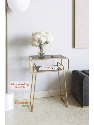 CATCHME Retro Yan Sehpa, Metal Sehpa, Cam Sehpa, Salon, Yatak Odası, Antre Füme Cam Gold