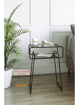 CATCHME Retro Yan Sehpa, Metal Sehpa, Cam Sehpa, Salon, Yatak Odası, Antre Füme Cam Siyah
