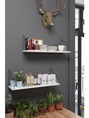 CATCHME 2'li Duvar Rafı Seti 20X70 cm - Beyaz Raf Siyah Metal Kollu Kitaplık ve Mutfak Düzenleyici