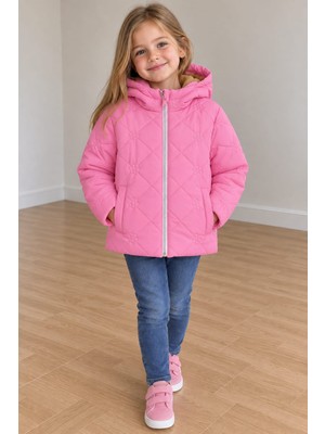 Dublino Kids Çiçekli Baklava Desenli Kız Çocuk Su ve Rüzgar Geçirmez Kapüşonlu Mont