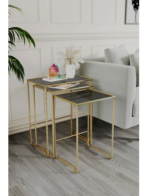CATCHME Retro 3 Lü Zigon Füme Camlı Gold Sehpa, Metal Sehpa, Salon, Yatak Odası, Antre