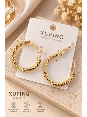 İdilce Xuping Altın Renk Işıltılı Dokulu Halka Kadın Küpe