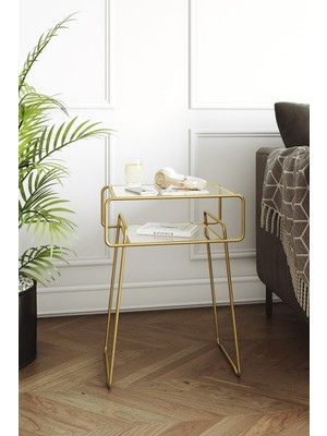 Catchme Retro Yan Sehpa Altın Renk Metal ve Cam Tasarım 60 cm Yükseklik Modern Kullanım için İdeal