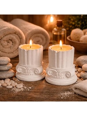 Orevio Antik Roma Sütun Tealight Mumluk Seti, Beyaz, Taş Tozu, 10 Cm, 2'li Set