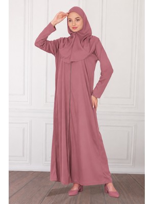 incy style Fermuarlı Tek Parça Gül Kurusu Kaymaz Başörtülü Pratik Namaz Elbisesi