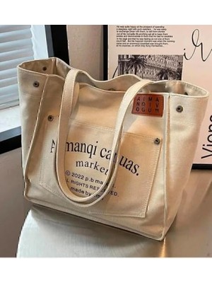 Orevio Omuz Çantası, Forneus Fashion Kanvas Tote Çanta Cepli Unisex Bej 40L %100 Pamuklu Kumaş, Tüm Sezonlara Uygun, Baskılı Tasarım, Geniş Iç Hacim