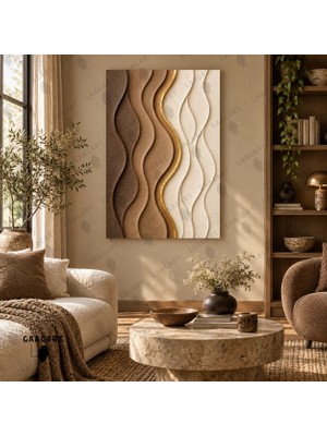 Gaagart Tekli Dikey Kanvas Tablo Dijital Baskı Kahve Karamel Krem Dalgalı Dokulu Gold Detaylı Modern Salon Tablosu