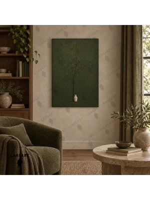 Gaagart Tekli Dikey Kanvas Tablo Dijital Baskı Koyu Yeşil Vazoda Ince Dal Minimalist Sade Modern Salon Duvar Tablosu