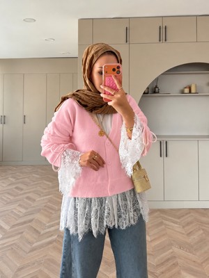 RFK Butik Kadın Premium Dantel Detaylı V Yaka Triko Hırka - Pembe