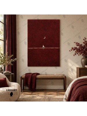 Gaagart Tekli Dikey Kanvas Tablo Dijital Baskı Bordo Gece Yelkenli Hilal Ay Minimalist Deniz Manzarası Duvar Tablosu