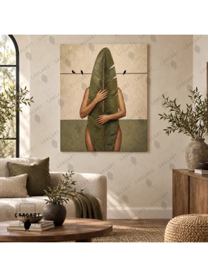 Gaagart Tekli Dikey Kanvas Tablo Dijital Baskı Muz Yaprağıyla Kadın Figürü ve Kuşlar Modern Bohem Salon Tablosu
