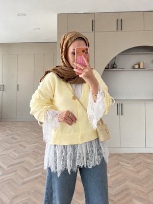 RFK Butik Kadın Premium Dantel Detaylı V Yaka Triko Hırka - Sarı
