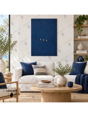 Gaagart Tekli Dikey Kanvas Tablo Dijital Baskı Lacivert Gökyüzü Tel Üstünde Üç Kuş Minimalist Modern Duvar Tablosu