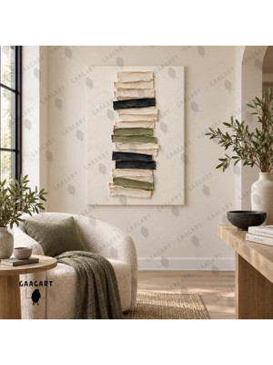 Gaagart Tekli Dikey Kanvas Tablo Dijital Baskı Haki Siyah Krem Katmanlı Kağıt Soyut Modern Minimalist Duvar Dekoru