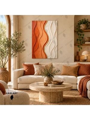 Gaagart Tekli Dikey Kanvas Tablo Dijital Baskı Turuncu Krem Dalgalı Dokulu Gold Detaylı Modern Salon Duvar Tablosu