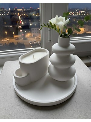 Ferdali Modern Minimalist Beyaz Beton Dekoratif Obje ve Mum Seti (3\'lü)