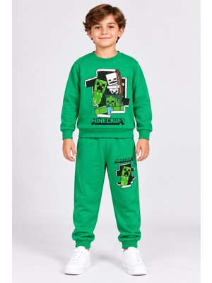 Minecraft Lisanslı Erkek Çocuk Yeşil Sweatshirt Eşofman Altı Takım Baskılı