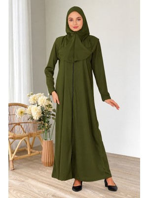 Incy Style Fermuarlı Tek Parça Haki Kaymaz Başörtülü Pratik Namaz Elbisesi