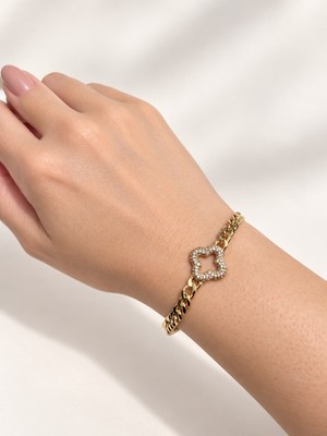Bartuva Design Taşlı Dört Yapraklı Yonca Figürlü Gold Zincir Kadın Bileklik