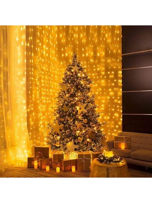 Orevio 3x2 Metre Fişli Perde LED Işık, 8 Fonksiyonlu Sarı Aydınlatma, Eklenerek Uzatılabilir