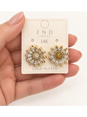 Bartuva Design 14K Gold Kaplama Kristal Taşlı Papatya Model Kadın Küpe