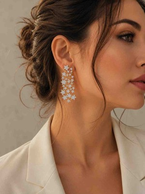 Fundéa Jewelry Kadın Gold Zirkon Taşlı Sallantılı Yıldız Abiye Küpe Trend Takı Modelleri Paslanmaz Çelik Nikel Içermez Alerji Yapmaz
