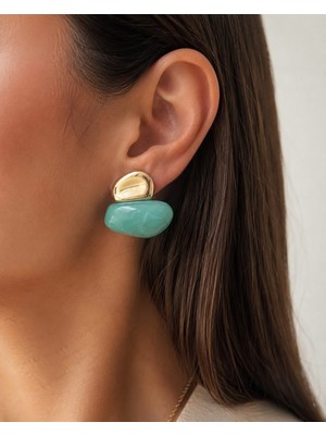 Fundéa Jewelry Kadın Gold Çelik Mint Yeşili Taşlı Hafif Trend Takı Küpe Aksesuar Modelleri. Nikel Içermez.paslanmaz Çelik  Abiye Modelleri Şık Model