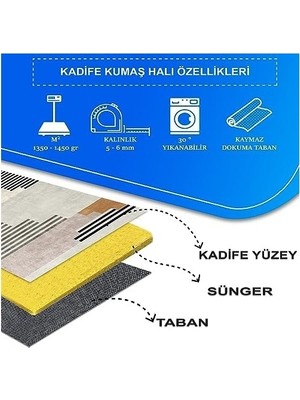 Prime Dizayn Carie Desenli Kadife Pamuk Tabanlı Yıkanabilen Kaydırmaz Antibakteriyel Salon Halısı 100X160