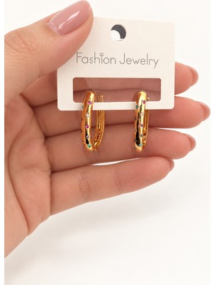 Bartuva Design Renkli Taşlı Uzun Oval Gold Halka Kadın Küpe