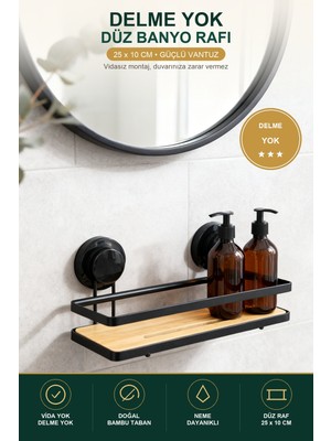 Viracasa Yapışkanlı Bambu Banyo Rafı Düz Raf 25X10 cm Delme Gerektirmeyen Duş Içi Düzenleyici