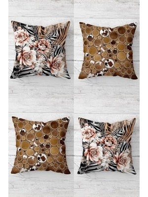 Orevio Kahverengi-Pembe Zebra ve Gül Desenli Kırlent Kılıfı Takımı, 4 Adet, Gizli Fermuarlı, 45 x 45