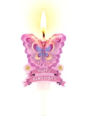 Orevio Pembe Kelebek Happy Birthday Çiçekli Mum 1 Adet