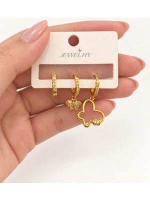 Bartuva Design 3’lü Asimetrik Kelebek Figürlü Taşlı Gold Halka Kadın Küpe Seti