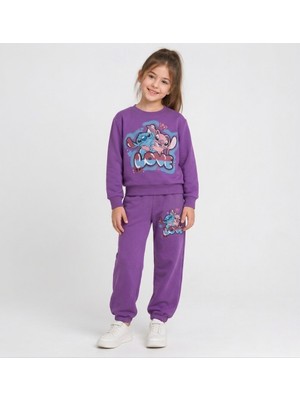 Stitch Lisanslı Kız Çocuk Mor Sweatshirt Eşofman Altı Takım Love Baskılı