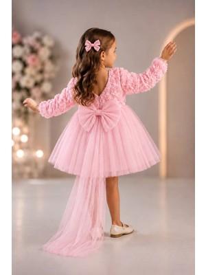 Bes Trend Kız Çocuk Elbise  Gül Detay Lı Kuyruklu Fiyonk Party Doğum Günü Elbise Pamuklu 1-7 Yaş