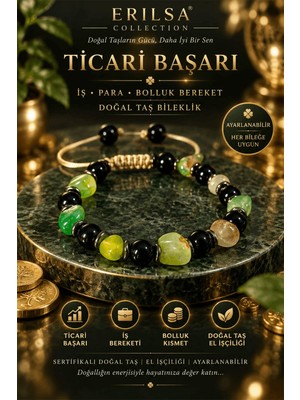 Erilsa Sertifikalı Ticari Başarı Iş Para Bereket Şans Kısmet Doğal Taş Bileklik - Yeşil Akik, Obsidyen